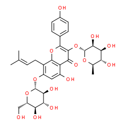 ChemSpider 2D Image | 3-[(6-Deoxy-alpha-D-mannopyranosyl)oxy]-5-hydroxy-2-(4-hydroxyphenyl)-8-(3-methyl-2-buten-1-yl)-4-oxo-4H-chromen-7-yl beta-L-glucopyranoside | C32H38O15