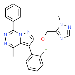 ChemSpider 2D Image | 3-(2-Fluorophenyl)-4-methyl-2-[(1-methyl-1H-1,2,4-triazol-5-yl)methoxy]-7-phenylpyrazolo[1,5-d][1,2,4]triazine | C22H18FN7O