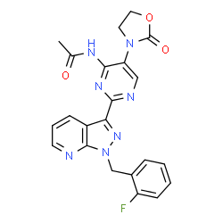 ChemSpider 2D Image | N-{2-[1-(2-Fluorobenzyl)-1H-pyrazolo[3,4-b]pyridin-3-yl]-5-(2-oxo-1,3-oxazolidin-3-yl)-4-pyrimidinyl}acetamide | C22H18FN7O3