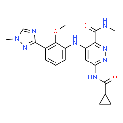 ChemSpider 2D Image | 6-[(Cyclopropylcarbonyl)amino]-4-{[2-methoxy-3-(1-methyl-1H-1,2,4-triazol-3-yl)phenyl]amino}-N-methyl-3-pyridazinecarboxamide | C20H22N8O3
