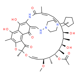 ChemSpider 2D Image | (7S,9Z,11S,12R,13S,14R,15R,16R,17R,18S,19Z,21Z,26Z)-26-{[(4-Cyclopentyl-1-piperazinyl)amino]methylene}-2,15,17,29-tetrahydroxy-11-methoxy-3,7,12,14,16,18,22-heptamethyl-6,23,27-trioxo-8,30-dioxa-24-az
atetracyclo[23.3.1.1~4,7~.0~5,28~]triaconta-1(28),2,4,9,19,21,25(29)-heptaen-13-yl acetate | C47H64N4O12
