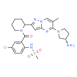 ChemSpider 2D Image | N-{2-[(2-{5-[(3S)-3-Amino-1-pyrrolidinyl]-6-methylpyrazolo[1,5-a]pyrimidin-2-yl}-1-piperidinyl)carbonyl]-4-chlorophenyl}methanesulfonamide | C24H30ClN7O3S