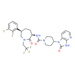 ChemSpider 2D Image | N-[(3R,6R)-6-(2,3-Difluorophenyl)-2-oxo-1-(2,2,2-trifluoroethyl)-3-azepanyl]-4-(2-oxo-2,3-dihydro-1H-imidazo[4,5-b]pyridin-1-yl)-1-piperidinecarboxamide | C26H27F5N6O3