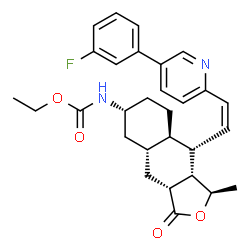 ChemSpider 2D Image | Ethyl [(1R,3aR,4aR,6R,8aR,9aS)-9-{(Z)-2-[5-(3-fluorophenyl)-2-pyridinyl]vinyl}-1-methyl-3-oxododecahydronaphtho[2,3-c]furan-6-yl]carbamate | C29H33FN2O4