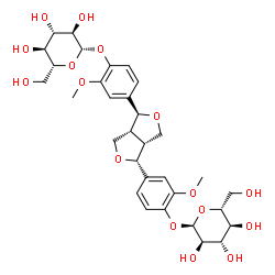 ChemSpider 2D Image | 4-{(1R,3aR,4S,6aR)-4-[4-(beta-D-Glucopyranosyloxy)-3-methoxyphenyl]tetrahydro-1H,3H-furo[3,4-c]furan-1-yl}-2-methoxyphenyl alpha-D-glucopyranoside | C32H42O16