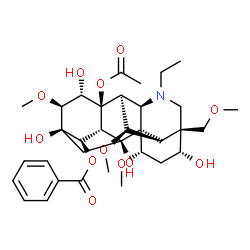 ChemSpider 2D Image | (1alpha,3alpha,7beta,11beta,14beta,15alpha,16beta)-8-Acetoxy-20-ethyl-3,10,13,15-tetrahydroxy-1,6,16-trimethoxy-4-(methoxymethyl)aconitan-14-yl benzoate | C34H47NO12