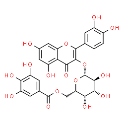 ChemSpider 2D Image | 2-(3,4-Dihydroxyphenyl)-5,7-dihydroxy-4-oxo-4H-chromen-3-yl 6-O-(3,4,5-trihydroxybenzoyl)-beta-L-galactopyranoside | C28H24O16
