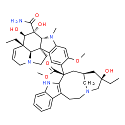 ChemSpider 2D Image | Methyl (13R,15S,17R)-13-[(2beta,3alpha,4beta,19alpha)-3-carbamoyl-3,4-dihydroxy-16-methoxy-1-methyl-6,7-didehydroaspidospermidin-15-yl]-17-ethyl-17-hydroxy-1,11-diazatetracyclo[13.3.1.0~4,12~.0~5,10~]
nonadeca-4(12),5,7,9-tetraene-13-carboxylate | C43H55N5O7