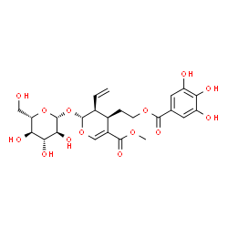 ChemSpider 2D Image | Methyl (2R,3S,4R)-2-(beta-L-glucopyranosyloxy)-4-{2-[(3,4,5-trihydroxybenzoyl)oxy]ethyl}-3-vinyl-3,4-dihydro-2H-pyran-5-carboxylate | C24H30O14
