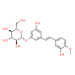 ChemSpider 2D Image | 3-Hydroxy-5-[(E)-2-(3-hydroxy-4-methoxyphenyl)vinyl]phenyl beta-L-glucopyranoside | C21H24O9