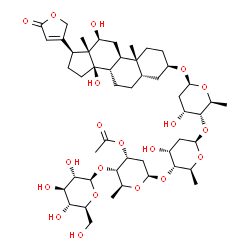 ChemSpider 2D Image | (3alpha,5alpha,8alpha,9beta,10alpha,12alpha,13alpha,14alpha,17alpha)-3-{[beta-L-Glucopyranosyl-(1->4)-3-O-acetyl-2,6-dideoxy-beta-L-ribo-hexopyranosyl-(1->4)-2,6-dideoxy-beta-L-ribo-hexopyranosyl-(1->
4)-2,6-dideoxy-beta-L-ribo-hexopyranosyl]oxy}-12,14-dihydroxycard-20(22)-enolide | C49H76O20