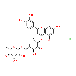 ChemSpider 2D Image | 2-(3,4-Dihydroxyphenyl)-5,7-dihydroxy-3-chromeniumyl 6-O-(6-deoxy-alpha-L-mannopyranosyl)-beta-L-glucopyranoside chloride | C27H31ClO15