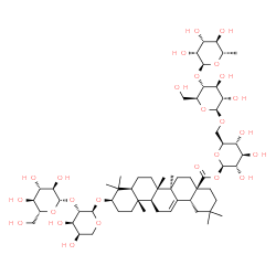 ChemSpider 2D Image | 6-Deoxy-alpha-L-mannopyranosyl-(1->4)-beta-L-glucopyranosyl-(1->6)-1-O-[(3alpha,5beta,8alpha,9beta,10alpha,14beta,17alpha,18alpha)-3-{[2-O-(beta-D-glucopyranosyl)-alpha-D-arabinopyranosyl]oxy}-28-oxoo
lean-12-en-28-yl]-beta-L-glucopyranose | C59H96O26
