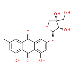 ChemSpider 2D Image | 3-{[(2R,3S,4S)-3,4-Dihydroxy-4-(hydroxymethyl)tetrahydro-2-furanyl]oxy}-1,8-dihydroxy-6-methyl-9,10-anthraquinone | C20H18O9