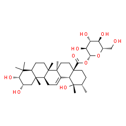 ChemSpider 2D Image | 1-O-[(2beta,3beta,5beta,8alpha,9beta,10alpha,14beta,17alpha,18alpha,19alpha,20beta)-2,3,19-Trihydroxy-28-oxours-12-en-28-yl]-beta-L-glucopyranose | C36H58O10