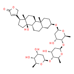 ChemSpider 2D Image | (3alpha,5alpha,8alpha,9beta,10alpha,13alpha,14alpha,17alpha)-3-{[2,6-Dideoxy-beta-L-ribo-hexopyranosyl-(1->4)-2,6-dideoxy-beta-L-ribo-hexopyranosyl-(1->4)-2,6-dideoxy-beta-L-ribo-hexopyranosyl]oxy}-14
-hydroxycard-20(22)-enolide | C41H64O13