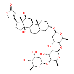 ChemSpider 2D Image | (3alpha,5alpha,8alpha,9beta,10alpha,12alpha,13alpha,14alpha,17alpha)-3-{[2,6-Dideoxy-beta-L-ribo-hexopyranosyl-(1->4)-2,6-dideoxy-beta-L-ribo-hexopyranosyl-(1->4)-2,6-dideoxy-beta-L-ribo-hexopyranosyl
]oxy}-12,14-dihydroxycard-20(22)-enolide | C41H64O14