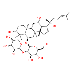 ChemSpider 2D Image | (3alpha,5beta,6beta,8alpha,9beta,10alpha,12alpha,13alpha,14beta,17alpha)-3,12,20-Trihydroxydammar-24-en-6-yl 2-O-beta-L-xylopyranosyl-beta-L-glucopyranoside | C41H70O13