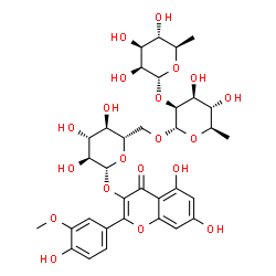 ChemSpider 2D Image | 5,7-Dihydroxy-2-(4-hydroxy-3-methoxyphenyl)-4-oxo-4H-chromen-3-yl 6-deoxy-alpha-D-mannopyranosyl-(1->2)-6-deoxy-alpha-D-mannopyranosyl-(1->6)-beta-L-glucopyranoside | C34H42O20