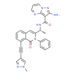 ChemSpider 2D Image | 2-Amino-N-[(1R)-1-{8-[(1-methyl-1H-pyrazol-4-yl)ethynyl]-1-oxo-2-phenyl-1,2-dihydro-3-isoquinolinyl}ethyl]pyrazolo[1,5-a]pyrimidine-3-carboxamide | C30H24N8O2