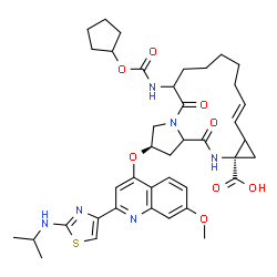 ChemSpider 2D Image | (2R,12E,14aR)-6-{[(Cyclopentyloxy)carbonyl]amino}-2-({2-[2-(isopropylamino)-1,3-thiazol-4-yl]-7-methoxy-4-quinolinyl}oxy)-5,16-dioxo-1,2,3,6,7,8,9,10,11,13a,14,15,16,16a-tetradecahydrocyclopropa[e]pyr
rolo[1,2-a][1,4]diazacyclopentadecine-14a(5H)-carboxylic acid | C40H50N6O8S