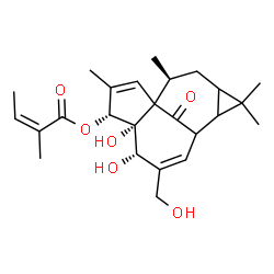 ChemSpider 2D Image | (4R,5R,6S,14S)-5,6-Dihydroxy-7-(hydroxymethyl)-3,11,11,14-tetramethyl-15-oxotetracyclo[7.5.1.0~1,5~.0~10,12~]pentadeca-2,7-dien-4-yl (2Z)-2-methyl-2-butenoate | C25H34O6