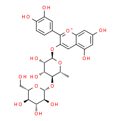 ChemSpider 2D Image | 2-(3,4-Dihydroxyphenyl)-5,7-dihydroxy-3-chromeniumyl 6-deoxy-4-O-beta-L-glucopyranosyl-alpha-D-mannopyranoside | C27H31O15