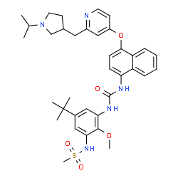 ChemSpider 2D Image | N-[3-({[4-({2-[(1-Isopropyl-3-pyrrolidinyl)methyl]-4-pyridinyl}oxy)-1-naphthyl]carbamoyl}amino)-2-methoxy-5-(2-methyl-2-propanyl)phenyl]methanesulfonamide | C36H45N5O5S