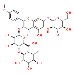 ChemSpider 2D Image | 3-{[4-O-(6-Deoxy-alpha-D-mannopyranosyl)-beta-L-glucopyranosyl]oxy}-5-hydroxy-2-(4-methoxyphenyl)-4-oxo-4H-chromen-7-yl beta-D-glucopyranoside | C34H42O20