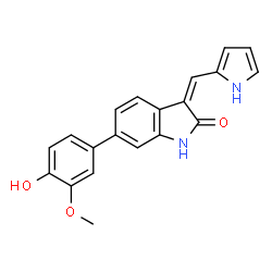 ChemSpider 2D Image | 6-(4-hydroxy-3-methoxyphenyl)-3-(1H-pyrrol-2-ylmethylene)-1,3-dihydroindol-2-one | C20H16N2O3