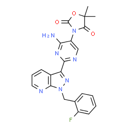 ChemSpider 2D Image | 3-{4-Amino-2-[1-(2-fluorobenzyl)-1H-pyrazolo[3,4-b]pyridin-3-yl]-5-pyrimidinyl}-5,5-dimethyl-1,3-oxazolidine-2,4-dione | C22H18FN7O3