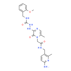 ChemSpider 2D Image | 2-[4-(2-{[(6-Amino-2-methyl-3-pyridinyl)methyl]amino}-2-oxoethyl)-5-methyl-3-oxo-3,4-dihydro-2-pyrazinyl]-N-(2-methoxybenzyl)hydrazinecarboxamide | C23H28N8O4
