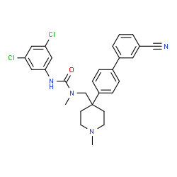 ChemSpider 2D Image | 1-{[4-(3'-Cyano-4-biphenylyl)-1-methyl-4-piperidinyl]methyl}-3-(3,5-dichlorophenyl)-1-methylurea | C28H28Cl2N4O