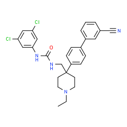 ChemSpider 2D Image | 1-{[4-(3'-Cyano-4-biphenylyl)-1-ethyl-4-piperidinyl]methyl}-3-(3,5-dichlorophenyl)urea | C28H28Cl2N4O