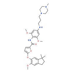ChemSpider 2D Image | N-(2,6-Dimethoxy-4-{[3-(4-methyl-1-piperazinyl)propyl]amino}phenyl)-5-[(6-methoxy-3,3-dimethyl-2,3-dihydro-1H-inden-5-yl)oxy]-2-furamide | C33H44N4O6