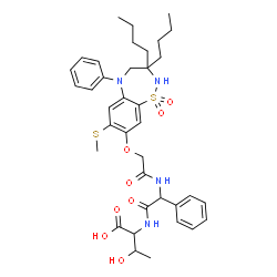 ChemSpider 2D Image | N-{[({[3,3-Dibutyl-7-(methylsulfanyl)-1,1-dioxido-5-phenyl-2,3,4,5-tetrahydro-1,2,5-benzothiadiazepin-8-yl]oxy}acetyl)amino](phenyl)acetyl}threonine | C37H48N4O8S2