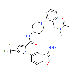 ChemSpider 2D Image | N-[1-(2-{[Acetyl(methyl)amino]methyl}phenyl)-4-piperidinyl]-1-(3-amino-1,2-benzoxazol-5-yl)-3-(trifluoromethyl)-1H-pyrazole-5-carboxamide | C27H28F3N7O3