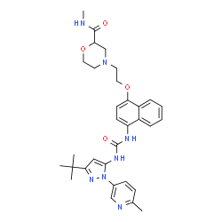 ChemSpider 2D Image | N-Methyl-4-(2-{[4-({[3-(2-methyl-2-propanyl)-1-(6-methyl-3-pyridinyl)-1H-pyrazol-5-yl]carbamoyl}amino)-1-naphthyl]oxy}ethyl)-2-morpholinecarboxamide | C32H39N7O4