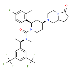 ChemSpider 2D Image | (2R,4S)-N-{(1R)-1-[3,5-Bis(trifluoromethyl)phenyl]ethyl}-2-(4-fluoro-2-methylphenyl)-N-methyl-4-(6-oxohexahydropyrrolo[1,2-a]pyrazin-2(1H)-yl)-1-piperidinecarboxamide | C31H35F7N4O2