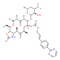 ChemSpider 2D Image | (3aS,4R,7R,9R,11R,13R,15R,15aS)-4-Ethyl-7,9,11,13,15-pentamethyl-2,6,8,14-tetraoxo-10-{[3,4,6-trideoxy-3-(dimethylamino)-D-xylo-hexopyranosyl]oxy}tetradecahydro-2H-oxacyclotetradecino[4,3-d][1,3]oxazo
l-11-yl (2E)-3-[4-(2-pyrimidinyl)phenyl]-2-propen-1-yl carbonate | C43H58N4O12