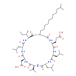 ChemSpider 2D Image | 3-[(3S,6R,9S,12S,15R,18S,21S)-3-[(2S)-2-Butanyl]-9-(carboxymethyl)-6,15,18-triisobutyl-12-isopropyl-25-(10-methylundecyl)-2,5,8,11,14,17,20,23-octaoxo-1-oxa-4,7,10,13,16,19,22-heptaazacyclopentacosan-
21-yl]propanoic acid | C53H93N7O13