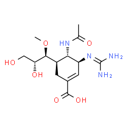 ChemSpider 2D Image | (3S,4S,5R)-4-Acetamido-3-[(diaminomethylene)amino]-5-[(1S,2R)-2,3-dihydroxy-1-methoxypropyl]-1-cyclohexene-1-carboxylic acid | C14H24N4O6