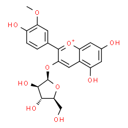 ChemSpider 2D Image | 5,7-Dihydroxy-2-(4-hydroxy-3-methoxyphenyl)-3-chromeniumyl beta-L-arabinofuranoside | C21H21O10