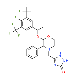ChemSpider 2D Image | 5-[(2-{1-[4-Fluoro-3,5-bis(trifluoromethyl)phenyl]ethoxy}-3-phenyl-4-morpholinyl)methyl]-1,2-dihydro-3H-1,2,4-triazol-3-one | C23H21F7N4O3