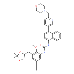 ChemSpider 2D Image | 1-{3-[(2,2-Dimethyl-1,3-dioxolan-4-yl)methyl]-2-methoxy-5-(2-methyl-2-propanyl)phenyl}-3-{4-[6-(4-morpholinylmethyl)-3-pyridinyl]-1-naphthyl}urea | C38H46N4O5
