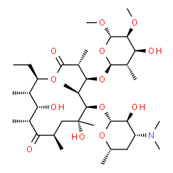 ChemSpider 2D Image | (3R,4S,5S,6R,7R,9R,11R,12S,13S,14R)-6-{[(2R,3S,4R,6S)-4-(Dimethylamino)-3-hydroxy-6-methyltetrahydro-2H-pyran-2-yl]oxy}-14-ethyl-7,12-dihydroxy-4-{[(2S,3S,4S,5S,6S)-4-hydroxy-5,6-dimethoxy-3-methyltet
rahydro-2H-pyran-2-yl]oxy}-3,5,7,9,11,13-hexamethyloxacyclotetradecane-2,10-dione | C37H67NO13