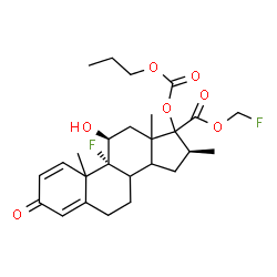 ChemSpider 2D Image | Fluoromethyl (8xi,10xi,11beta,13xi,14xi,16beta)-9-fluoro-11-hydroxy-16-methyl-3-oxo-17-[(propoxycarbonyl)oxy]androsta-1,4-diene-17-carboxylate | C26H34F2O7