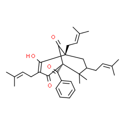 ChemSpider 2D Image | (1R,5R)-1-Benzoyl-4-hydroxy-8,8-dimethyl-3,5,7-tris(3-methyl-2-buten-1-yl)bicyclo[3.3.1]non-3-ene-2,9-dione | C33H42O4