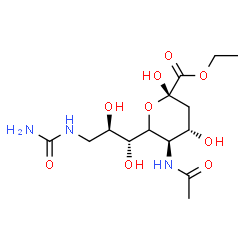 ChemSpider 2D Image | Ethyl 5-acetamido-6-[(1R,2R)-3-(carbamoylamino)-1,2-dihydroxypropyl]-3,5-dideoxy-alpha-L-threo-hex-2-ulopyranosonate | C14H25N3O9