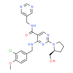 ChemSpider 2D Image | 4-[(3-Chloro-4-methoxybenzyl)amino]-2-[(2S)-2-(hydroxymethyl)-1-pyrrolidinyl]-N-(5-pyrimidinylmethyl)-5-pyrimidinecarboxamide | C23H26ClN7O3